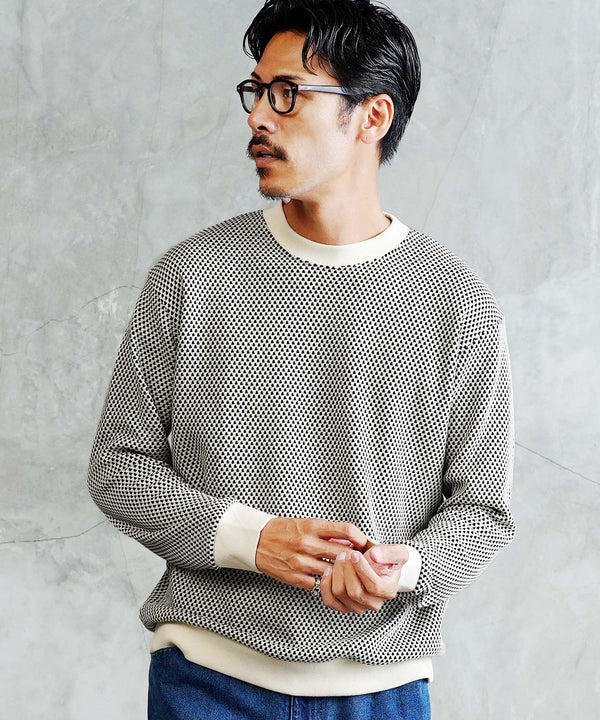バイカラーワッフルクルーネックロンT